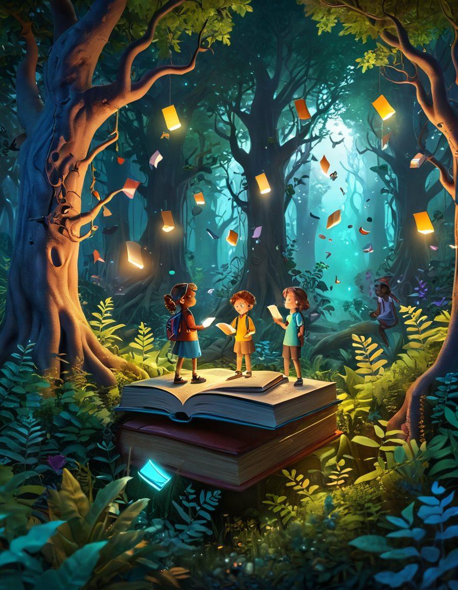 A whimsical scene depicting a diverse group of inquisitive children exploring a lush, enchanted forest filled with glowing books, floating question marks, and vibrant plants. Above them, a radiant light symbolizes enlightenment, while elements of science and philosophy float in the air. The overall color palette is bright and engaging, inviting curiosity and wonder. 3D illustration. vibrant colors.
