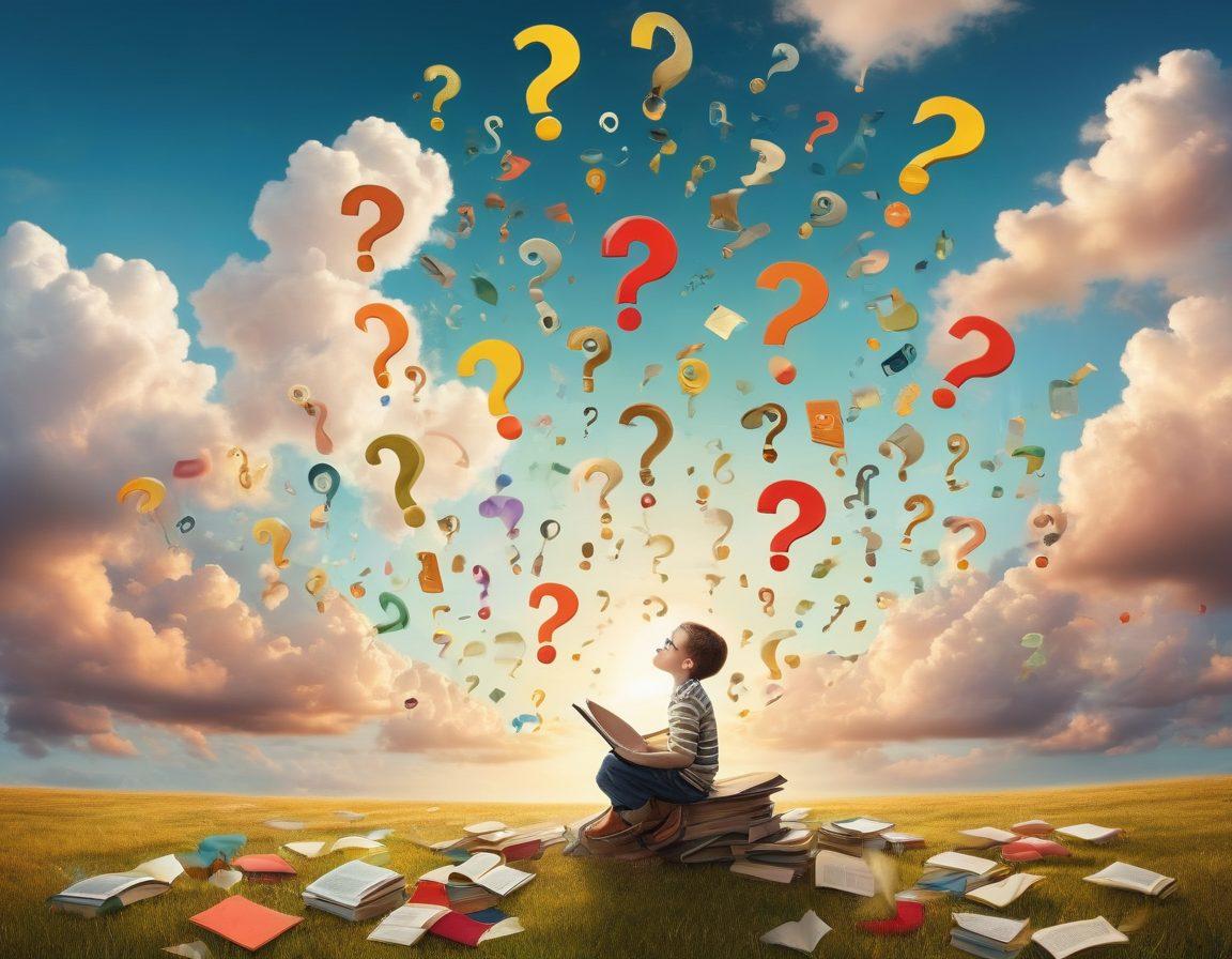 A whimsical collage depicting a curious child surrounded by floating question marks, with vibrant colors and elements representing knowledge such as books, light bulbs, and magnifying glasses. The background is a dreamy cloudscape, emphasizing exploration and enlightenment. Include a faint pathway leading towards a glowing horizon to symbolize the journey of inquiry. cartoon style. vibrant colors. white background.