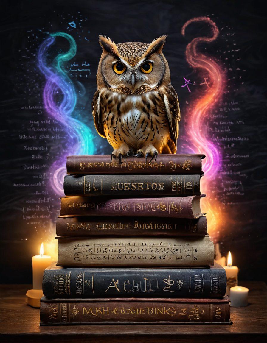 A wise owl perched atop a stack of ancient books, surrounded by floating question marks glowing softly in various colors. A soft light illuminates a chalkboard filled with complex equations and insightful quotes, symbolizing the pursuit of knowledge. In the background, a serene forest signifies a journey of learning. The overall mood is one of curiosity and enlightenment. vibrant colors. super-realistic.